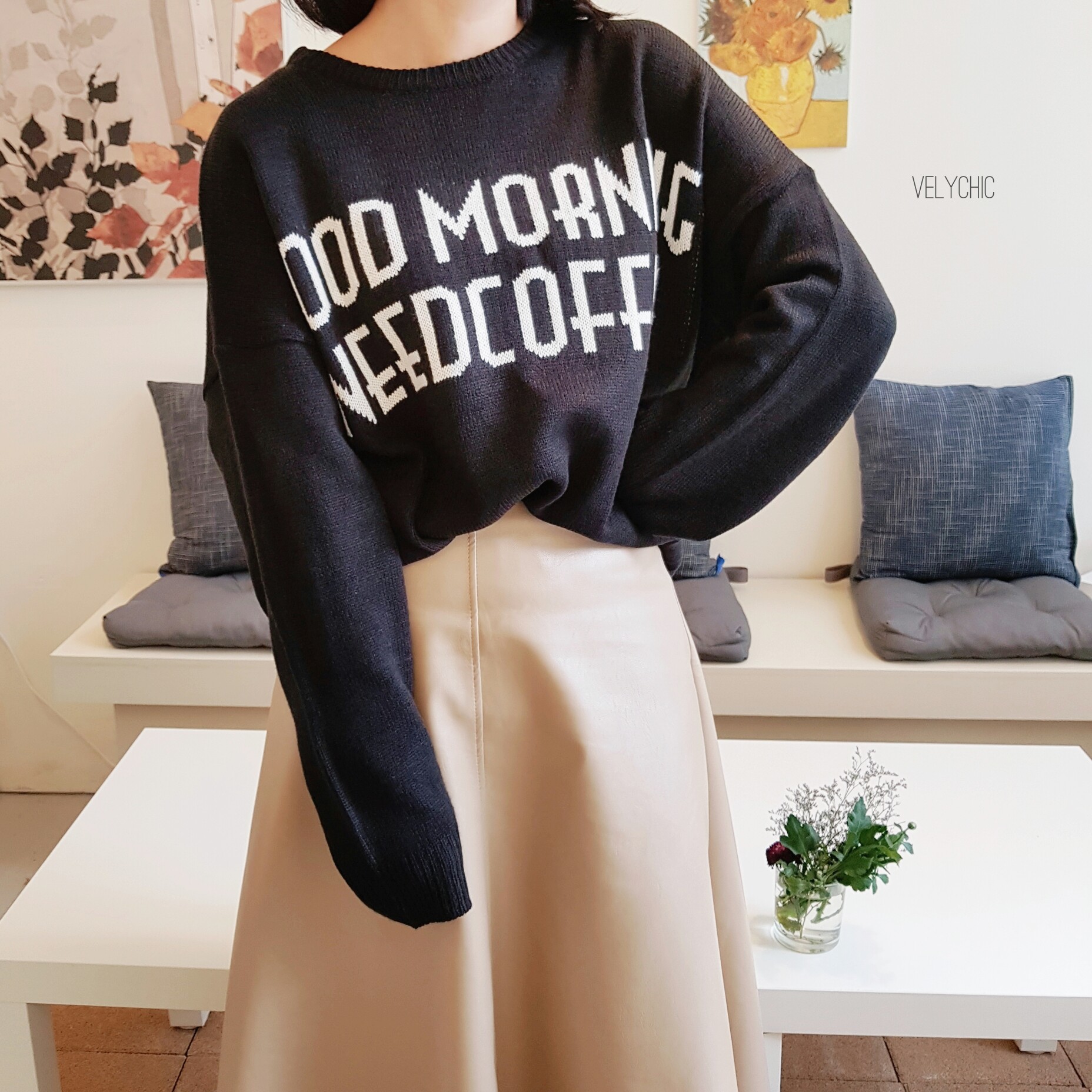 Long skirt leather A-line mom black Women's win