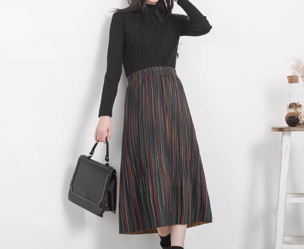 Striped bending pleated long skirt winter autumn w