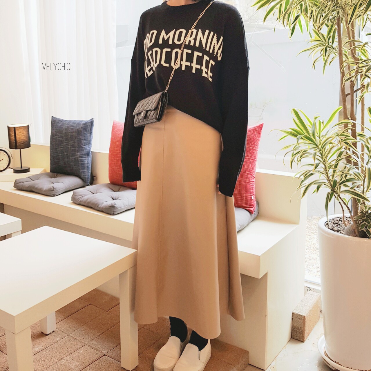 Long skirt leather A-line mom black Women's win