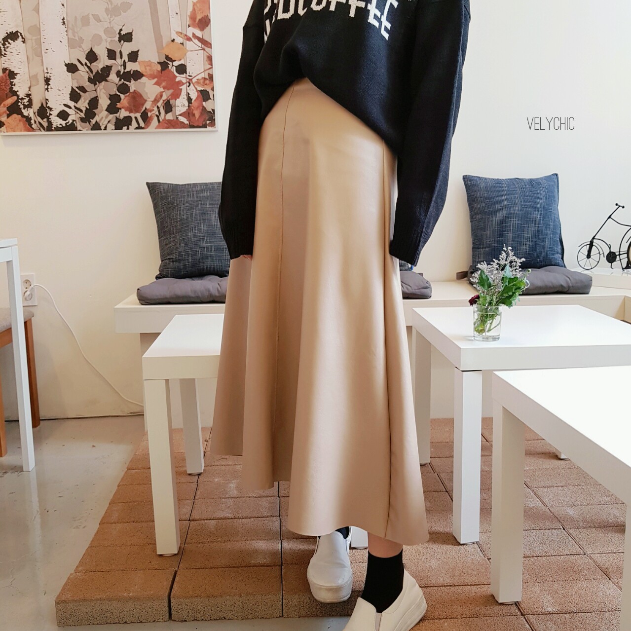 Long skirt leather A-line mom black Women's win