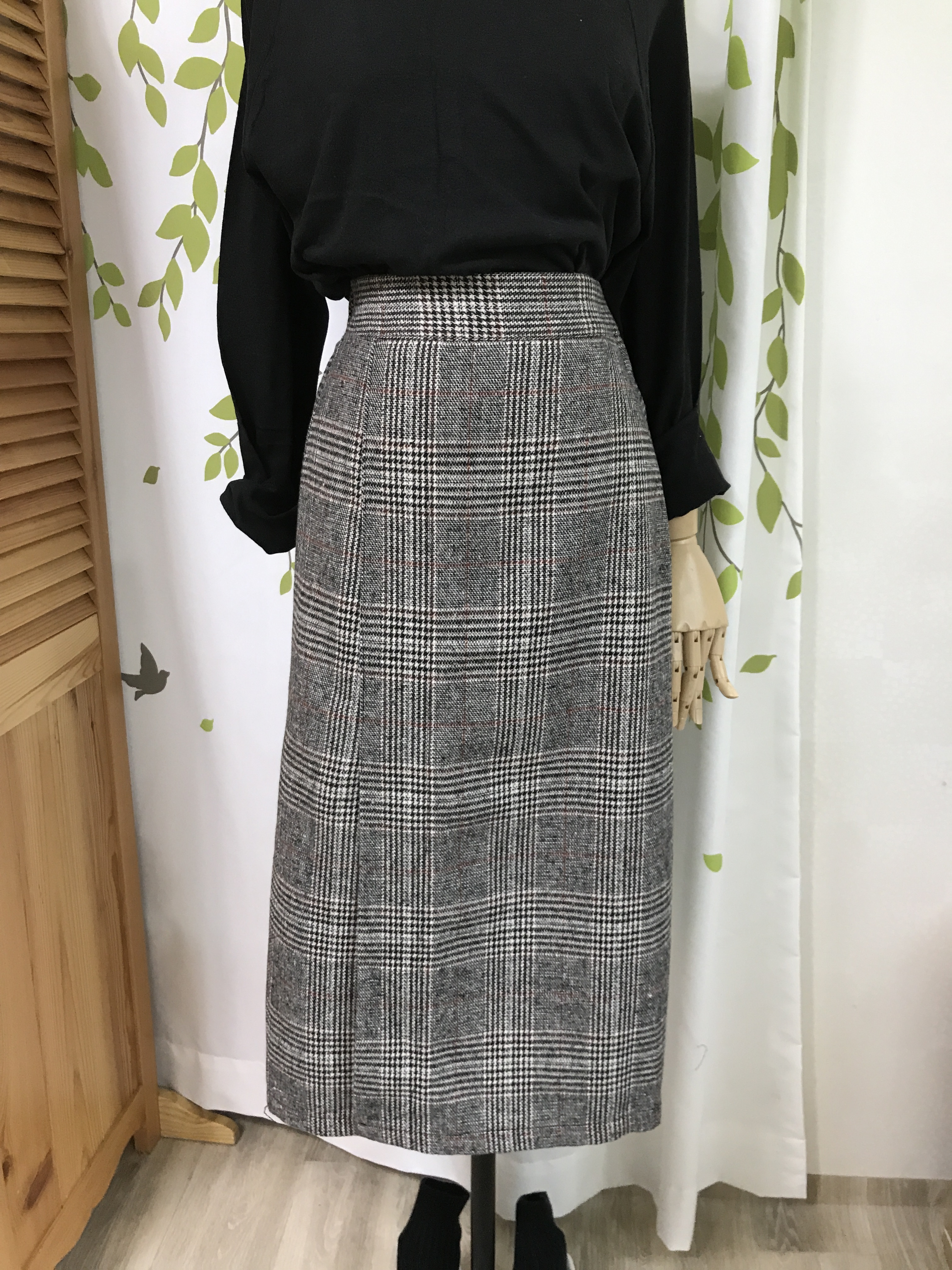 Check Date Banding Long Skirt Brown Black Fall