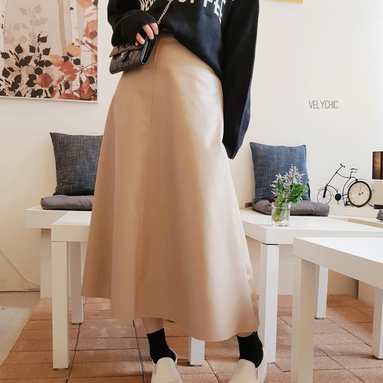 Long skirt leather A-line mom black Women's win