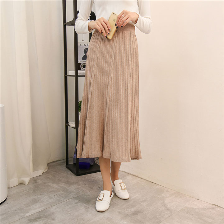 A line flared banding long skirt gray beige black 