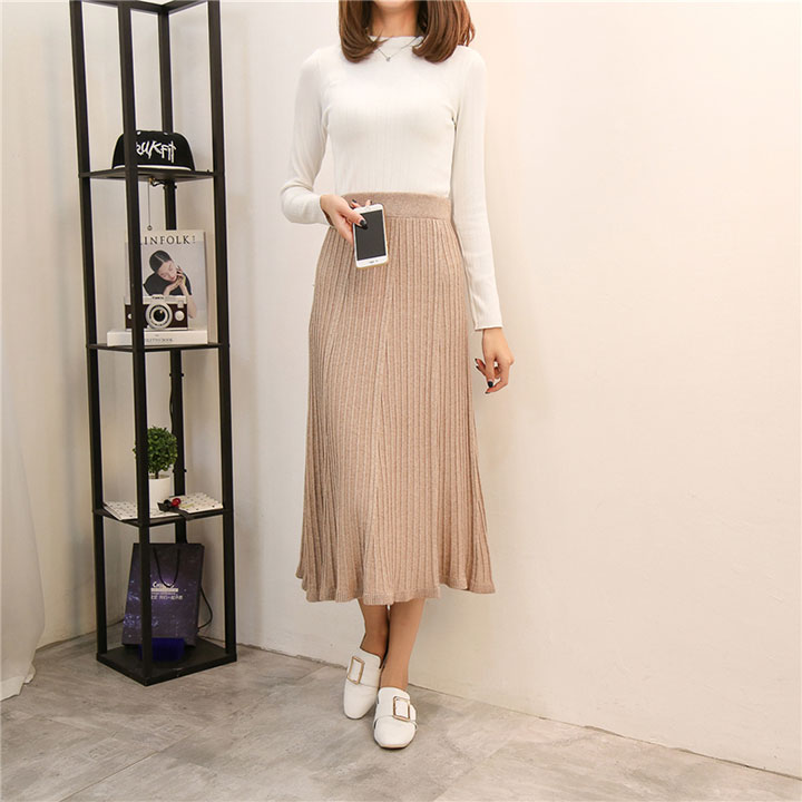 A line flared banding long skirt gray beige black 