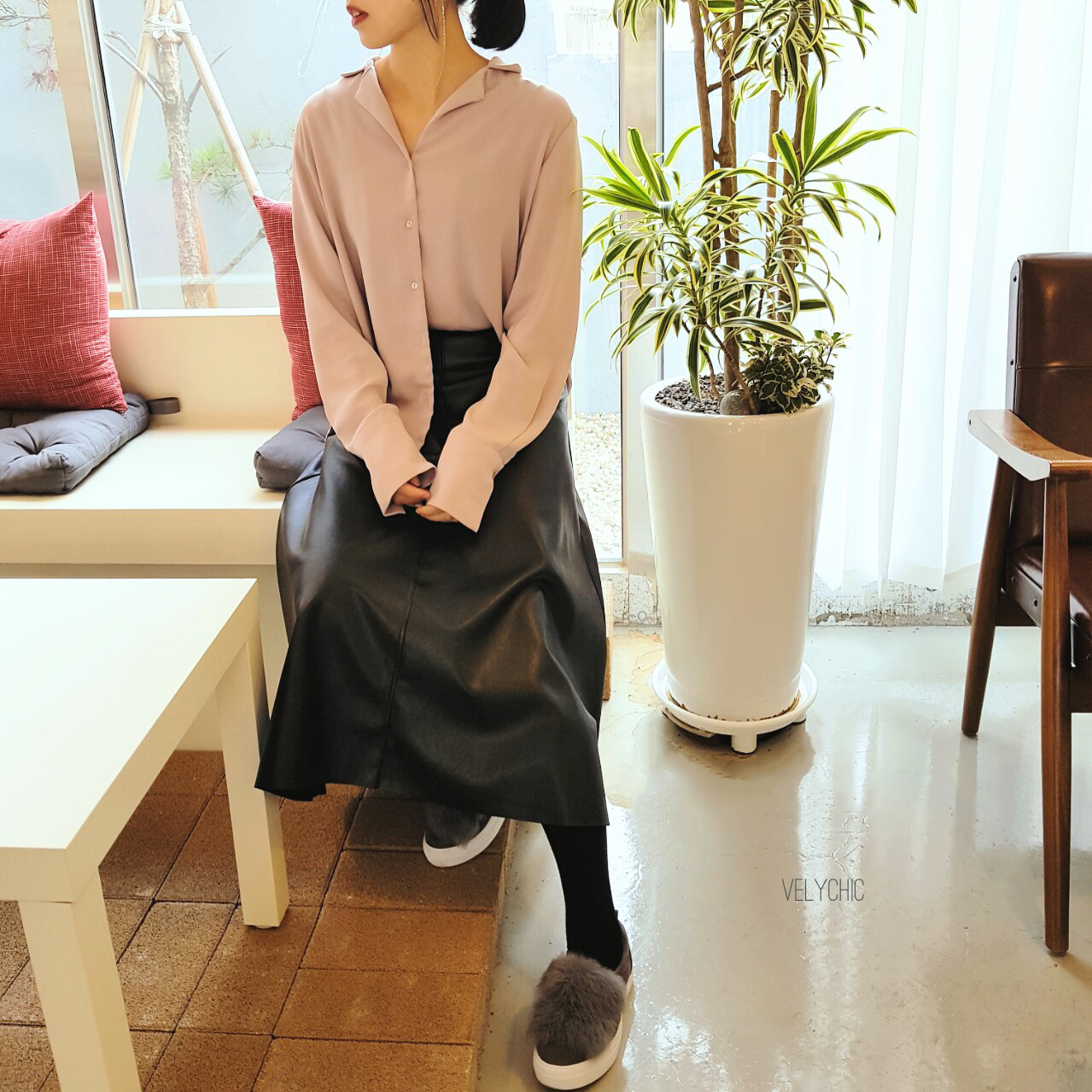 Long skirt leather A-line mom black Women's win