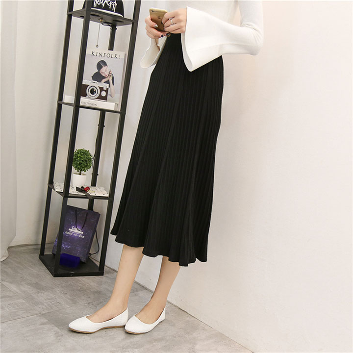 A line flared banding long skirt gray beige black 