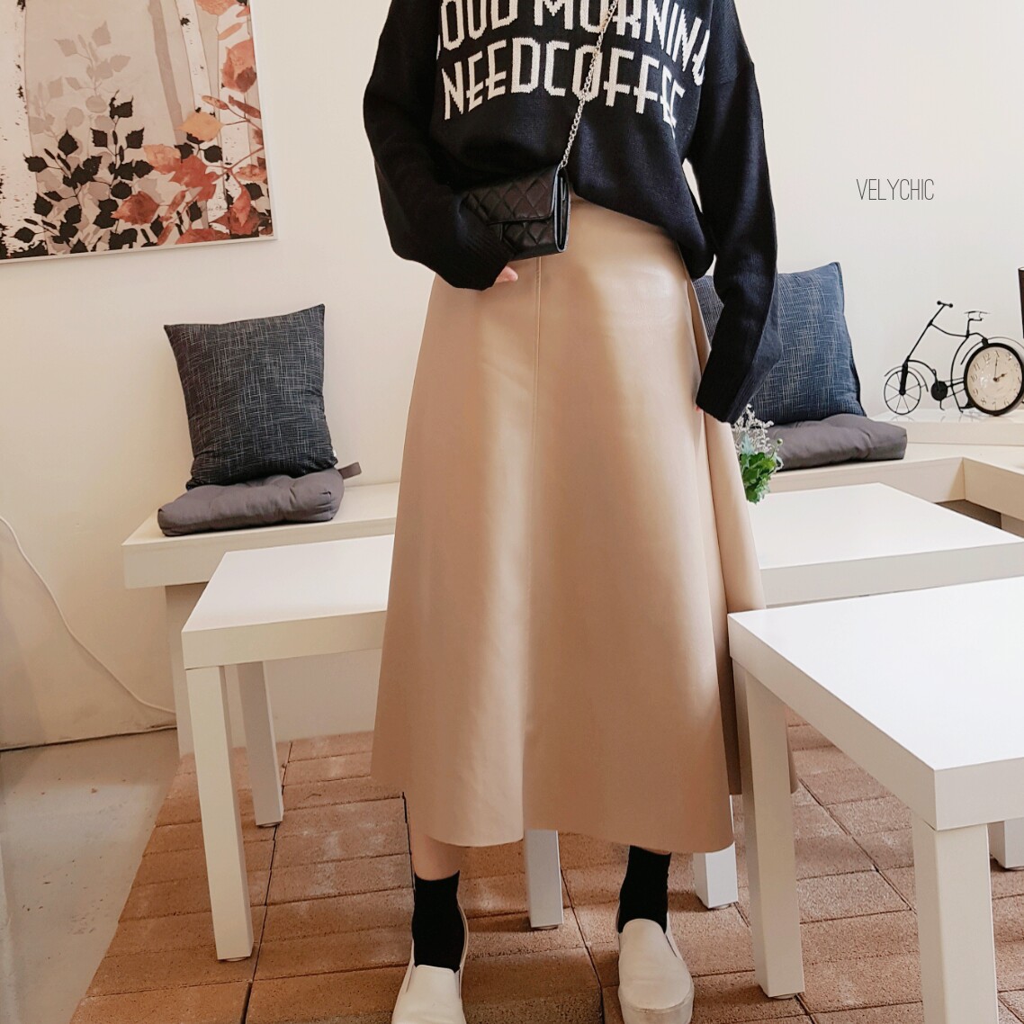 Long skirt leather A-line mom black Women's win