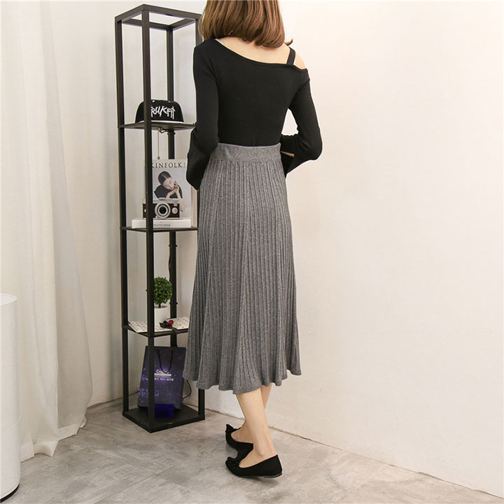 A line flared banding long skirt gray beige black 