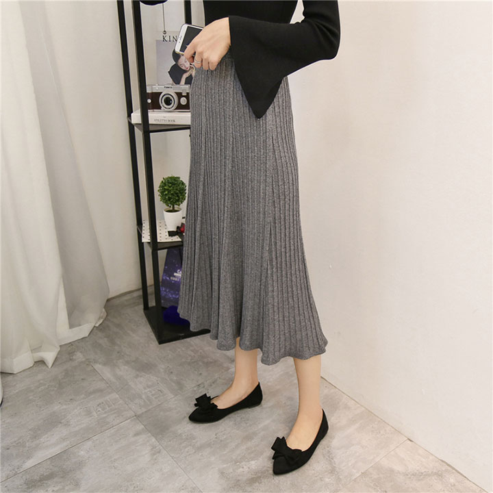 A line flared banding long skirt gray beige black 
