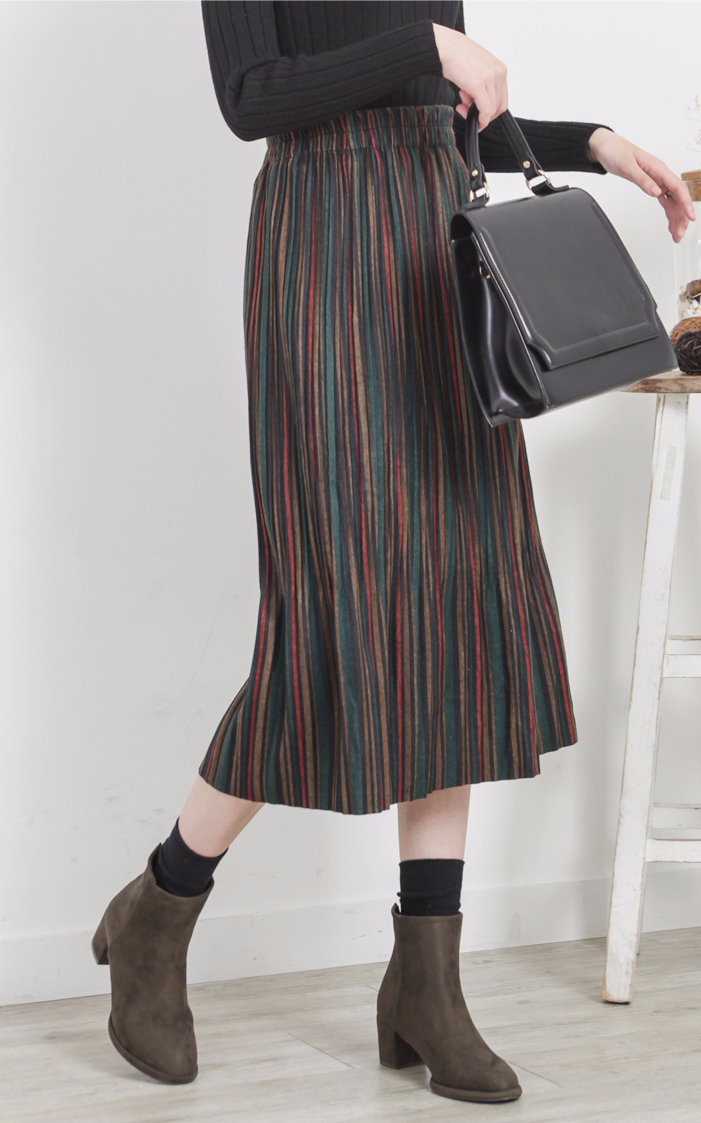 Striped bending pleated long skirt winter autumn w