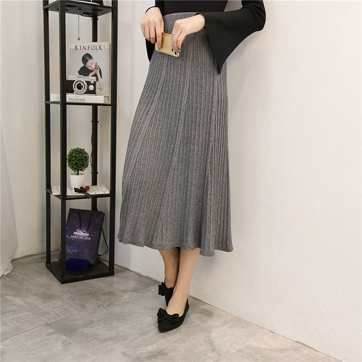 A line flared banding long skirt gray beige black 