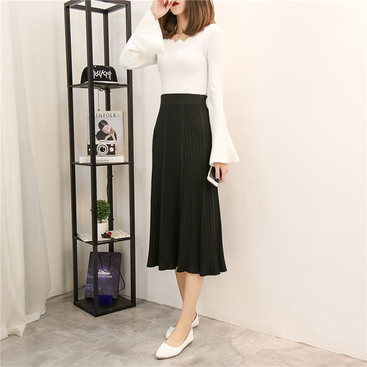 A line flared banding long skirt gray beige black 