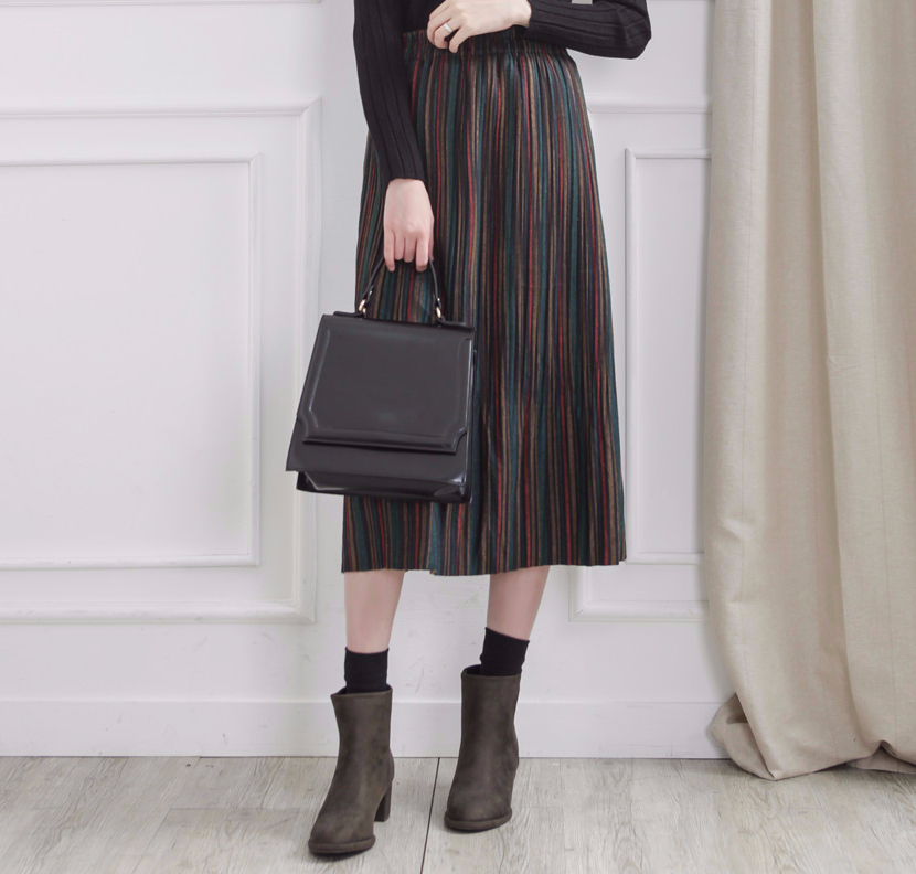 Striped bending pleated long skirt winter autumn w