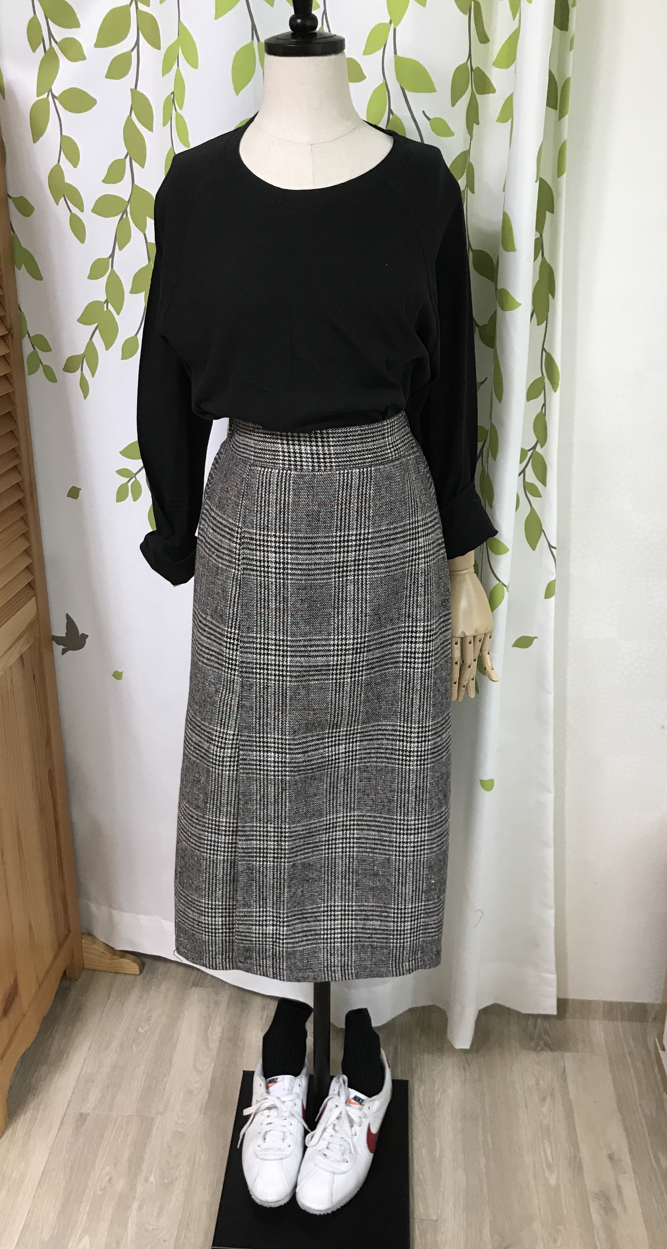 Check Date Banding Long Skirt Brown Black Fall