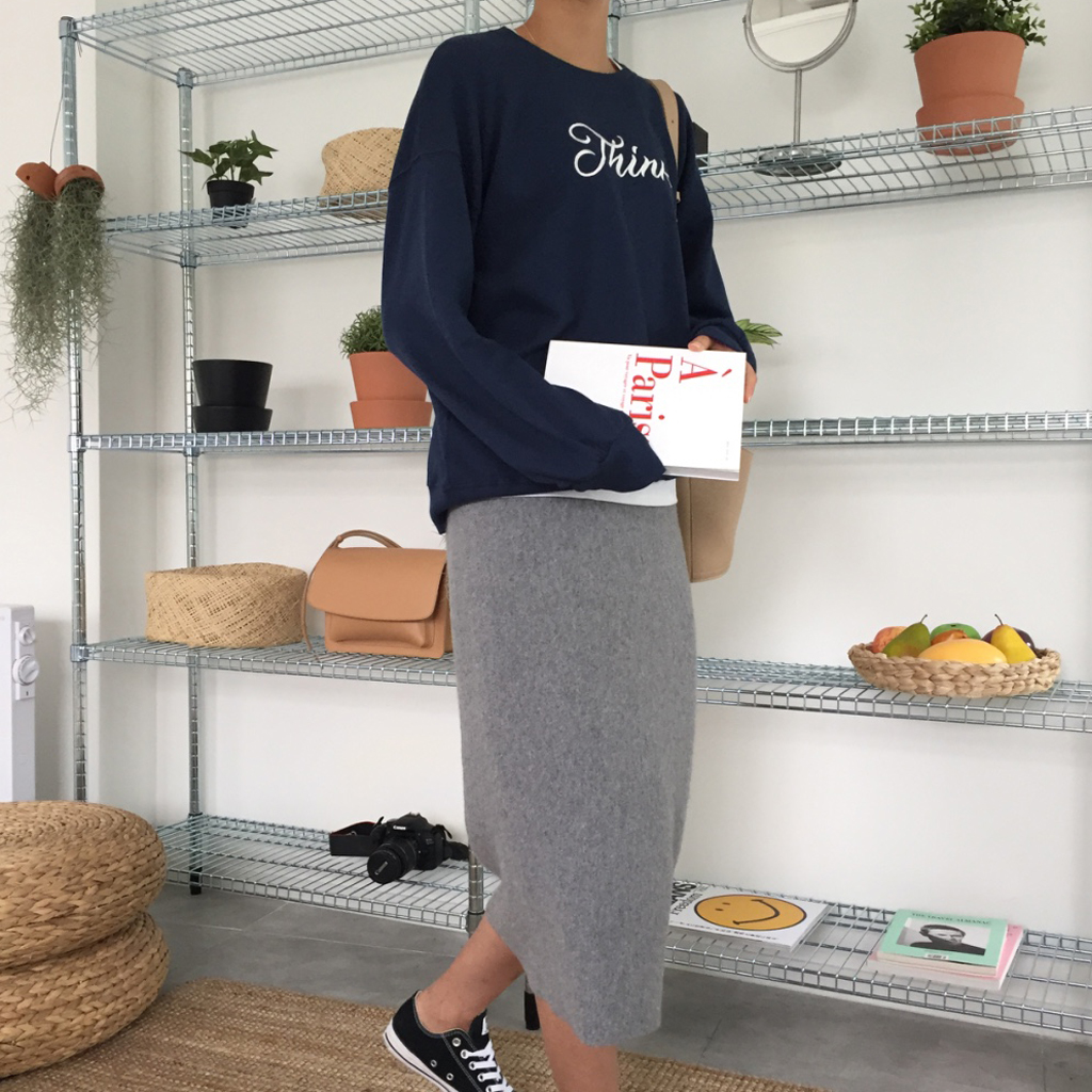 Cashmere knit long skirt 2color midi line