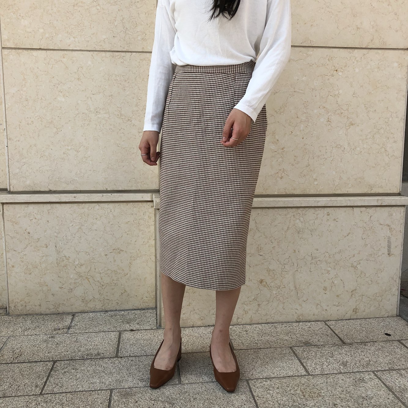 Check skirt long skirt Midi H line Autumn woman Ho