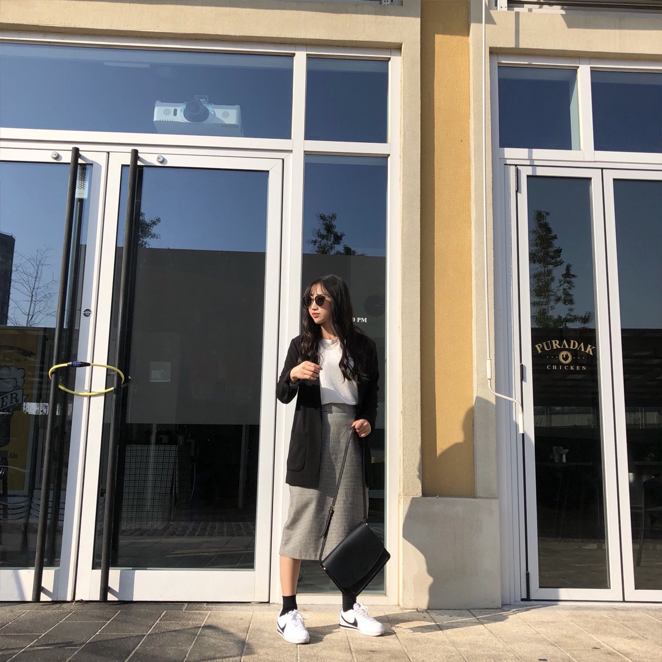 Check skirt long skirt Midi H line Autumn woman Ho