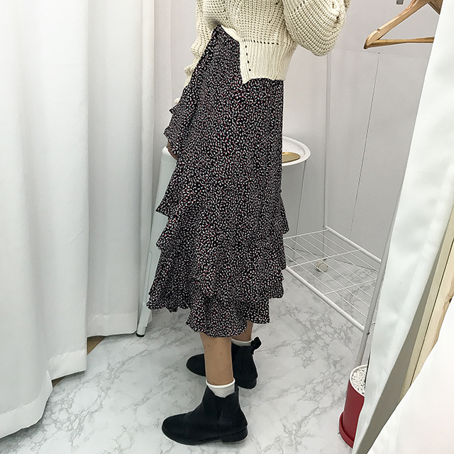 Ruffle pattern chiffon bending long skirt black fa