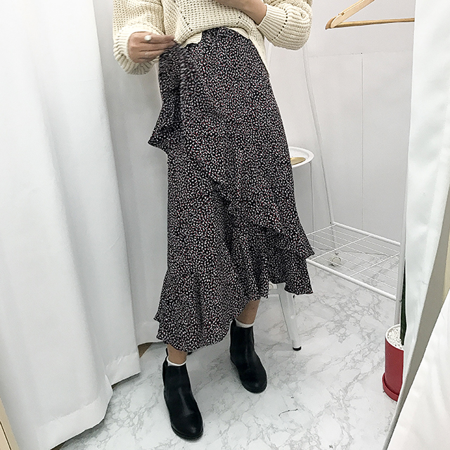 Ruffle pattern chiffon bending long skirt black fa