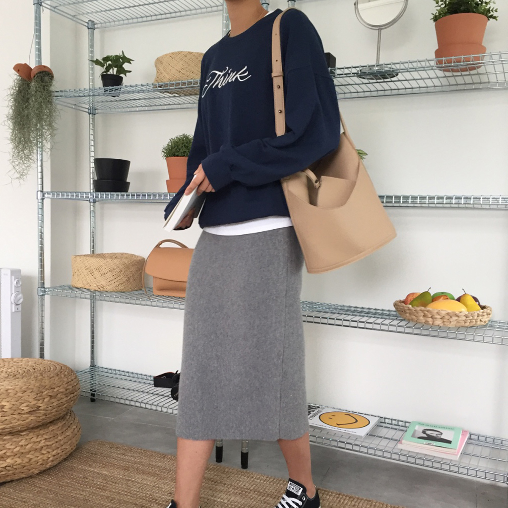 Cashmere knit long skirt 2color midi line