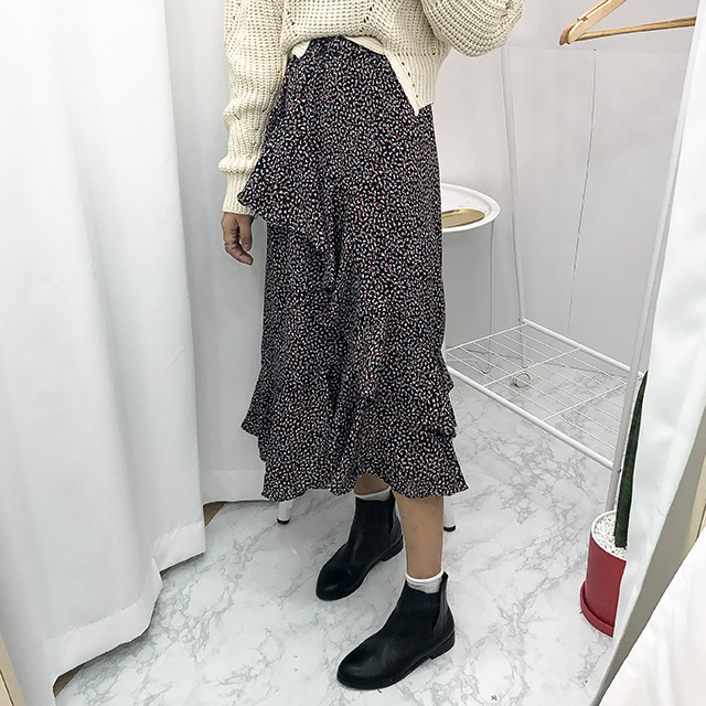 Ruffle pattern chiffon bending long skirt black fa