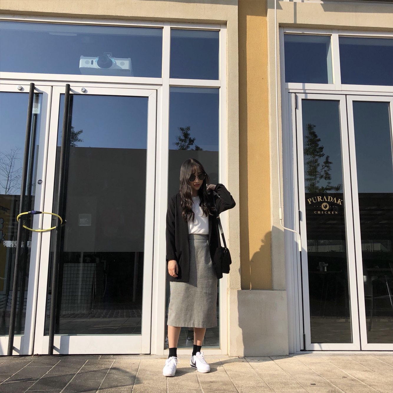 Check skirt long skirt Midi H line Autumn woman Ho