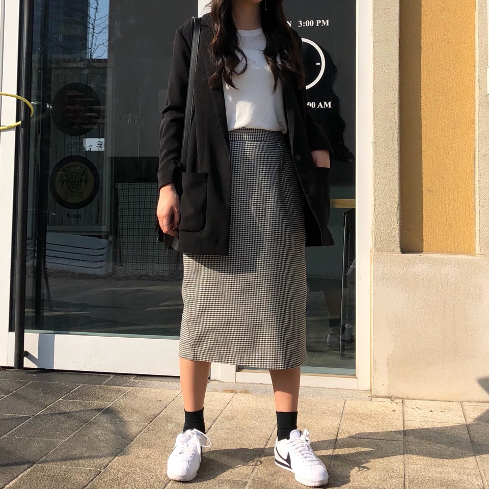 Check skirt long skirt Midi H line Autumn woman Ho