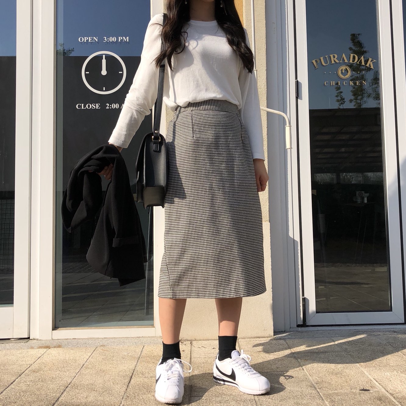 Check skirt long skirt Midi H line Autumn woman Ho