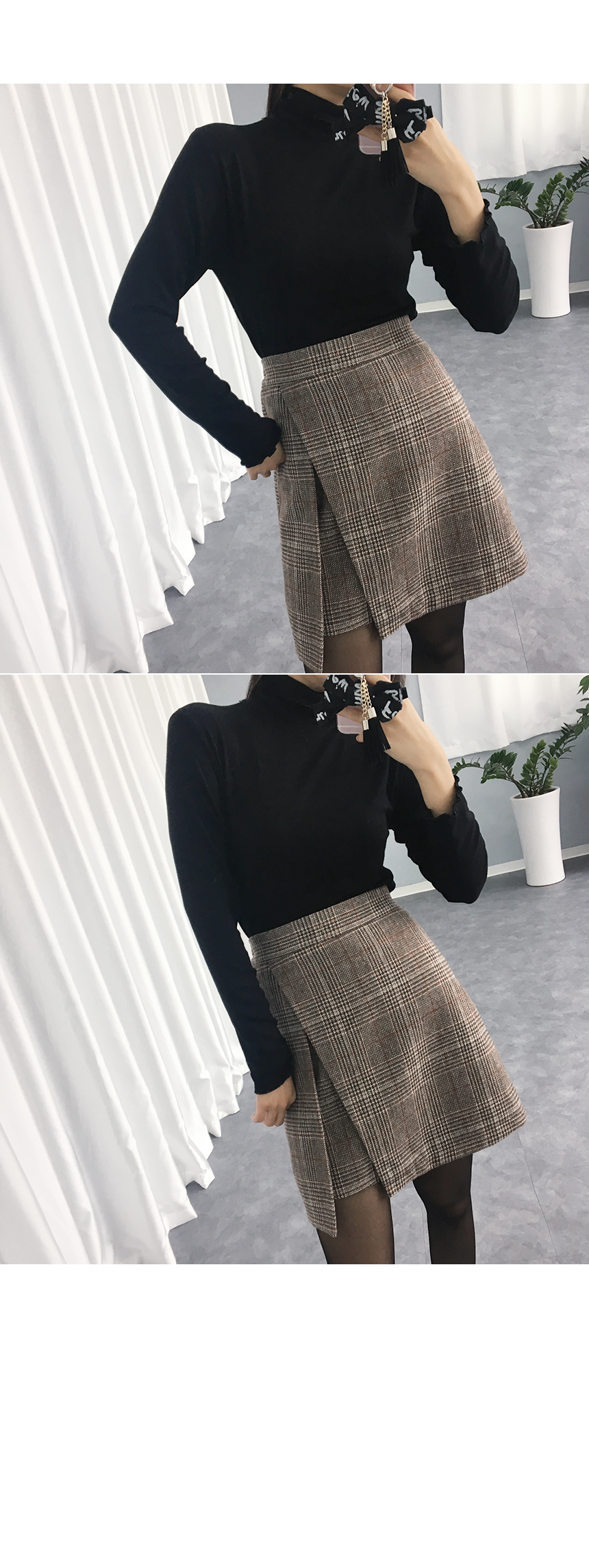 High waist check woolen mini skirt Amber winter fl