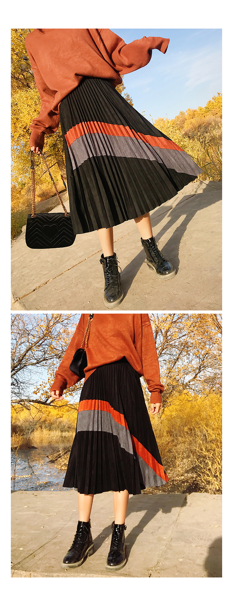 Suede Pleated Long Skirt Fall