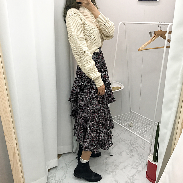 Ruffle pattern chiffon bending long skirt black fa