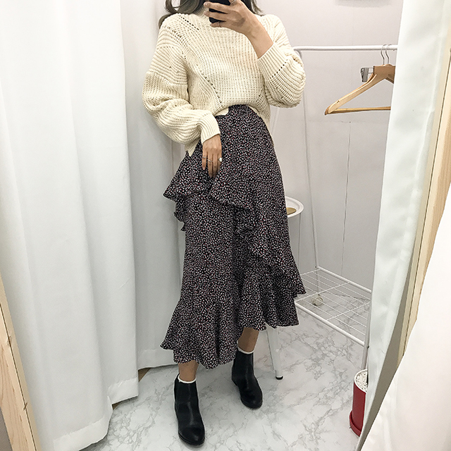 Ruffle pattern chiffon bending long skirt black fa