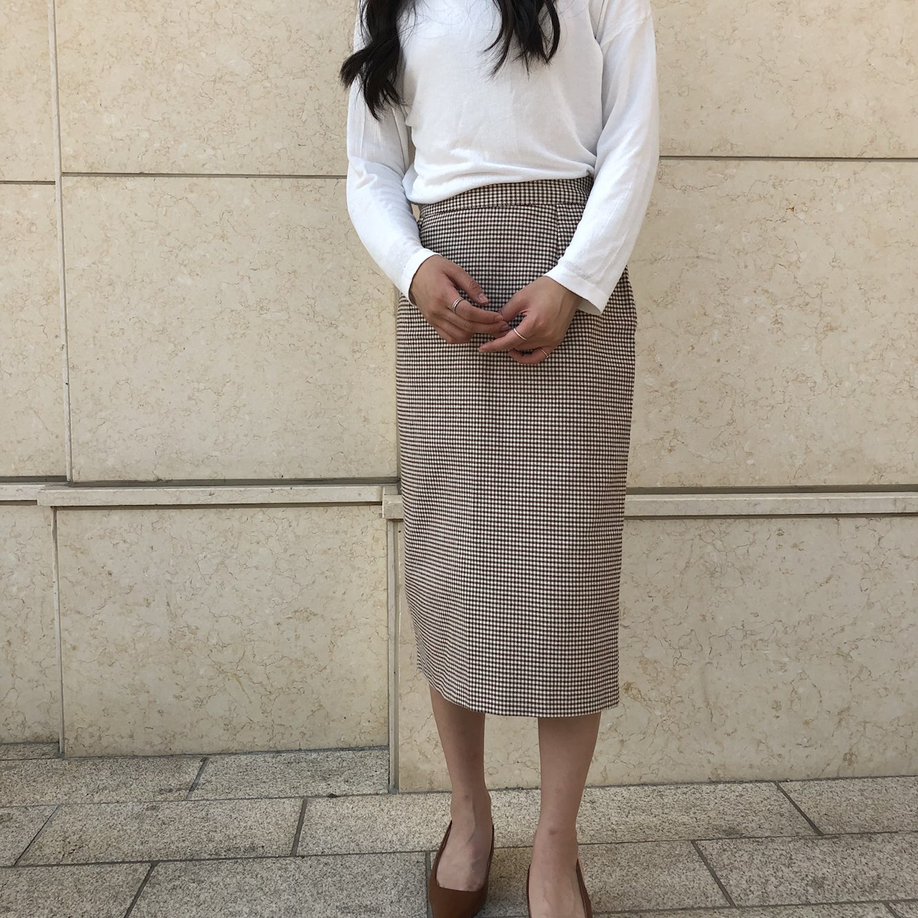 Check skirt long skirt Midi H line Autumn woman Ho