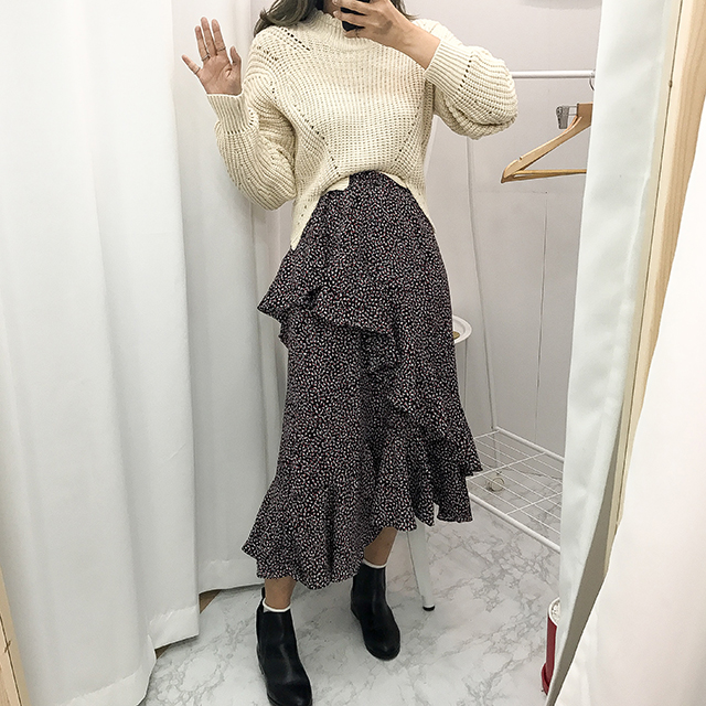 Ruffle pattern chiffon bending long skirt black fa