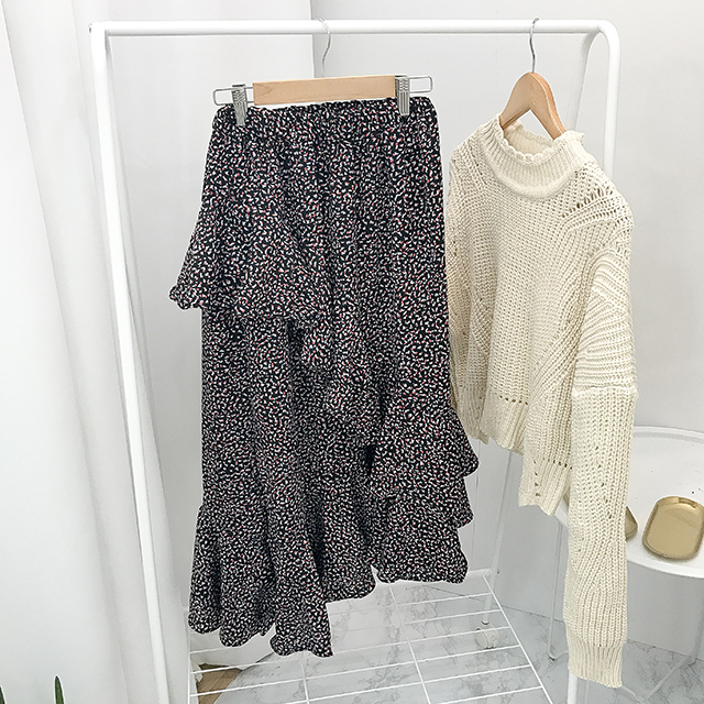 Ruffle pattern chiffon bending long skirt black fa