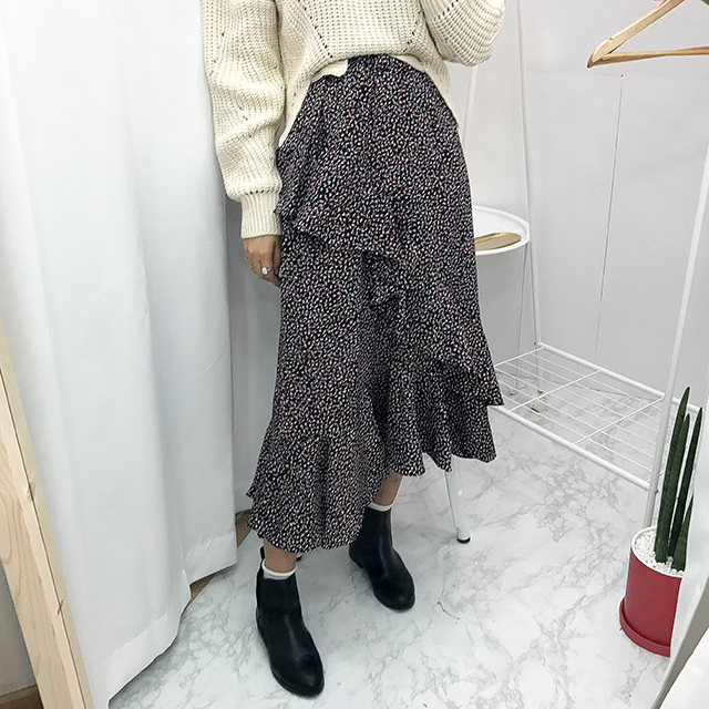 Ruffle pattern chiffon bending long skirt black fa