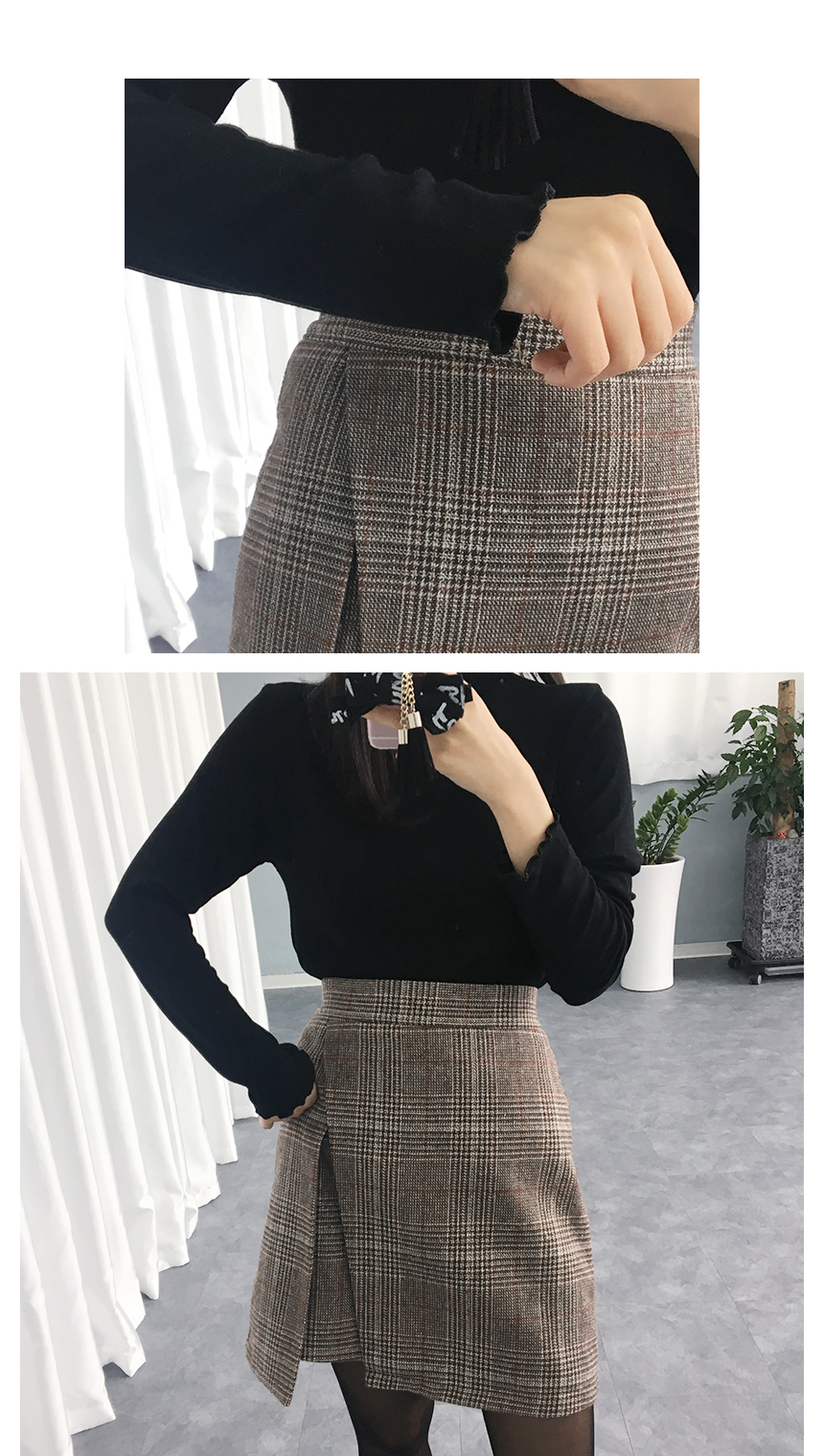 High waist check woolen mini skirt Amber winter fl