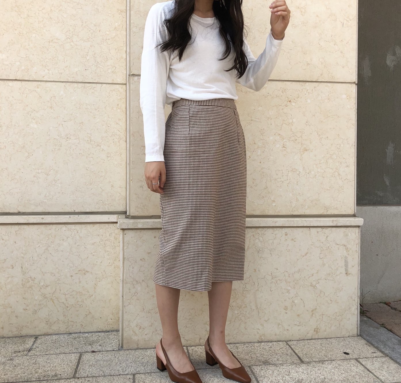 Check skirt long skirt Midi H line Autumn woman Ho
