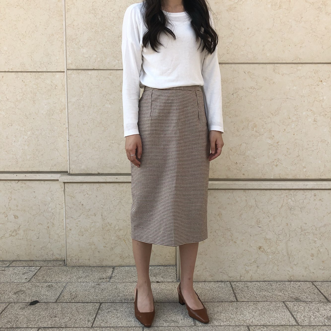 Check skirt long skirt Midi H line Autumn woman Ho