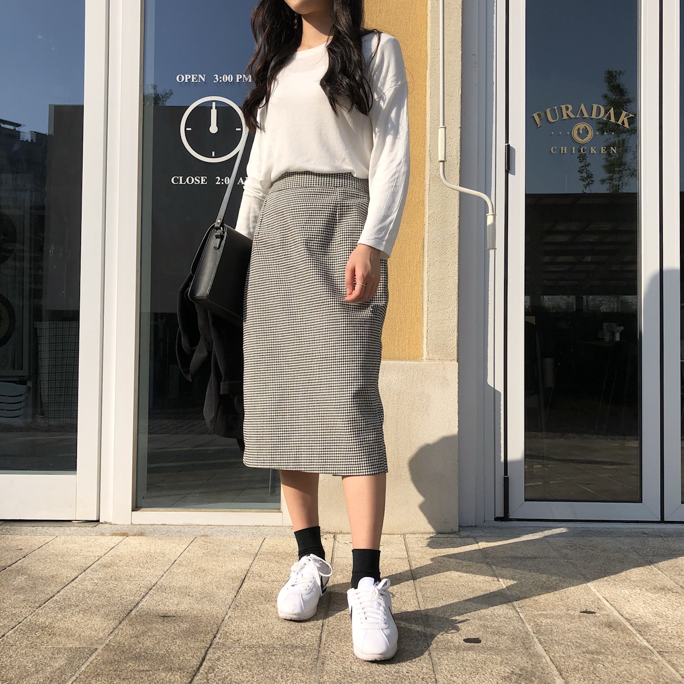 Check skirt long skirt Midi H line Autumn woman Ho