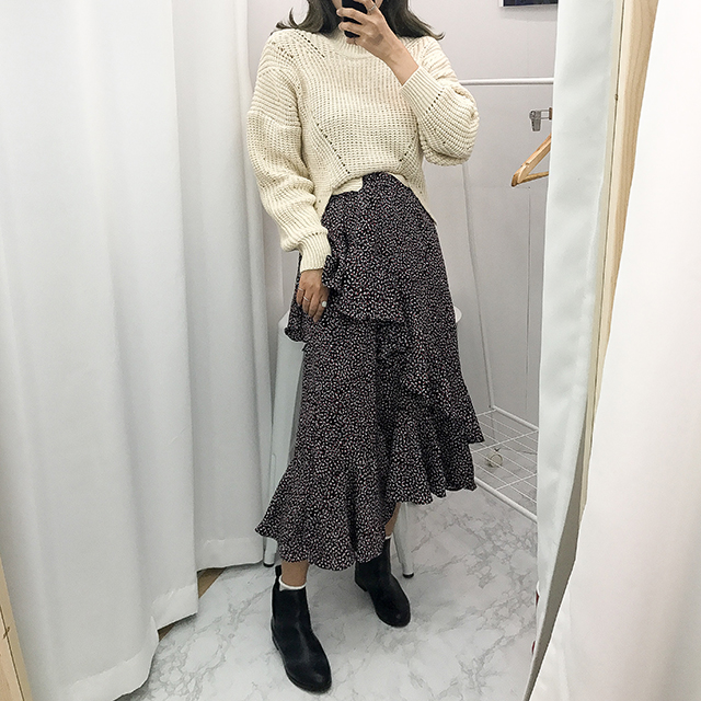 Ruffle pattern chiffon bending long skirt black fa