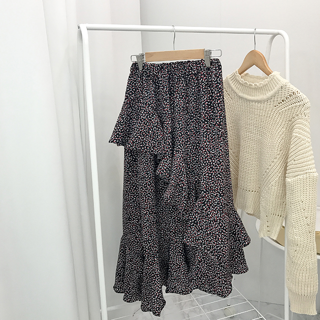 Ruffle pattern chiffon bending long skirt black fa