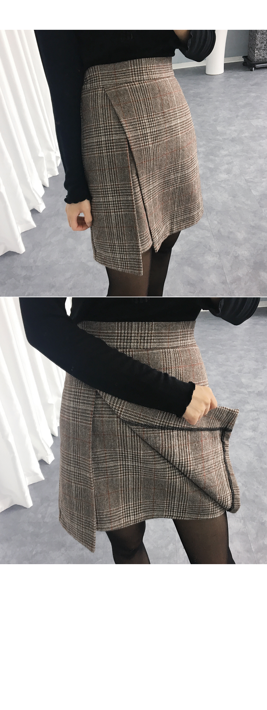 High waist check woolen mini skirt Amber winter fl