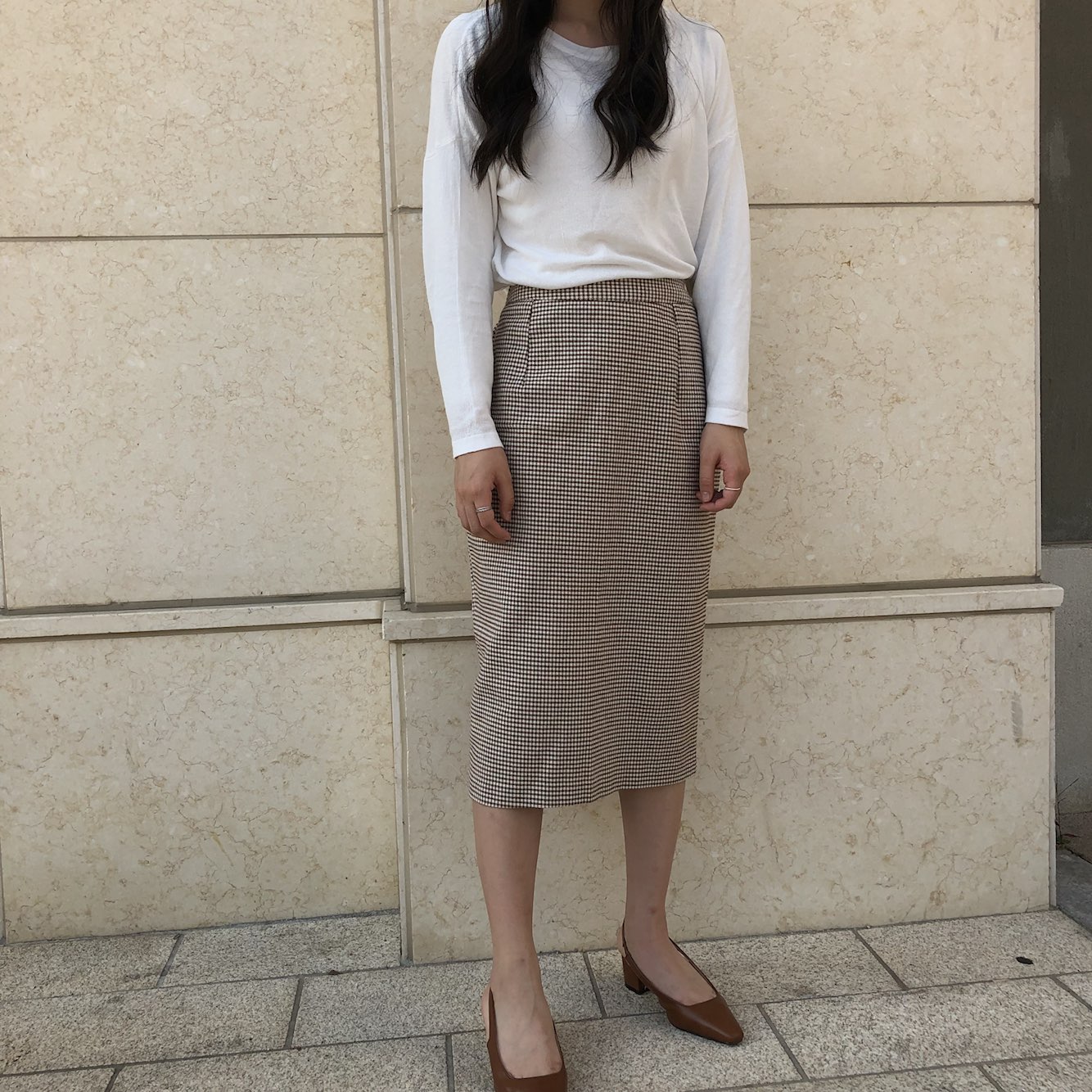 Check skirt long skirt Midi H line Autumn woman Ho