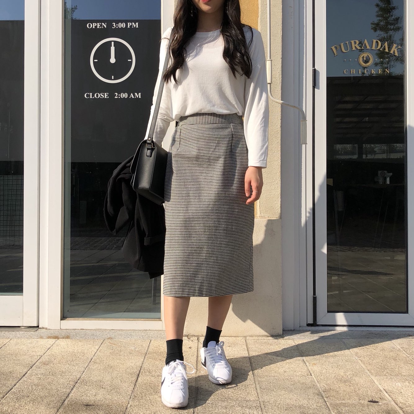 Check skirt long skirt Midi H line Autumn woman Ho