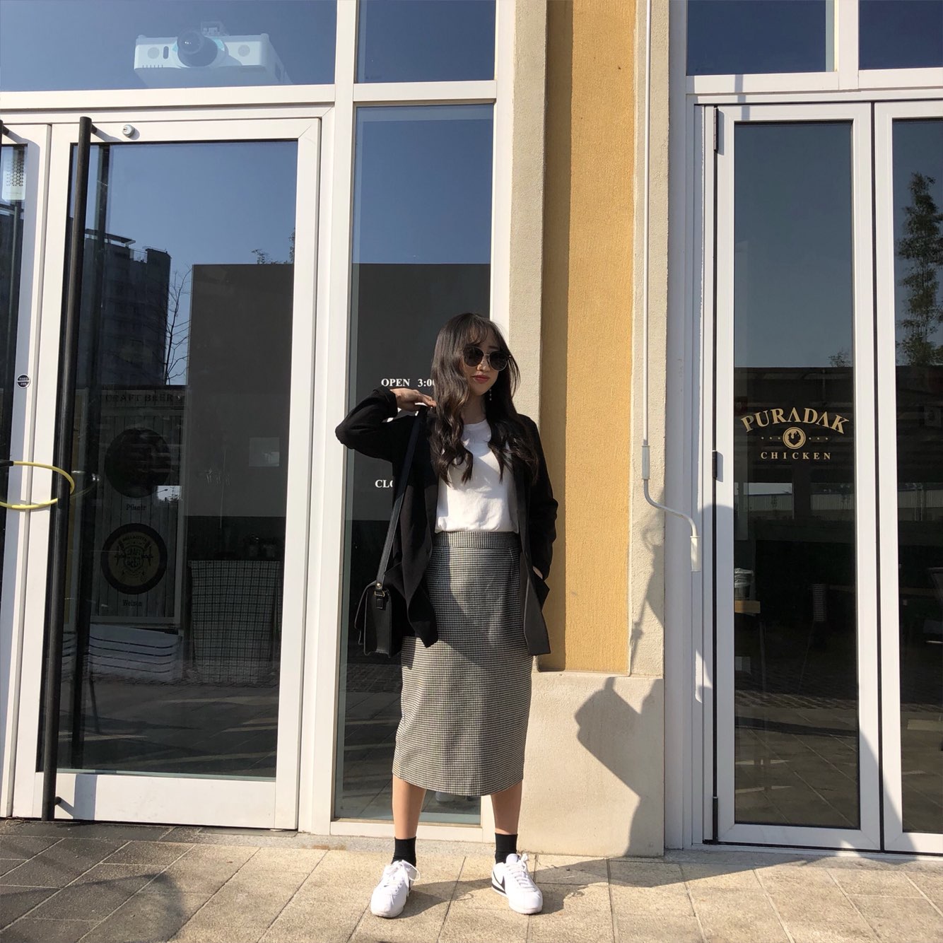 Check skirt long skirt Midi H line Autumn woman Ho