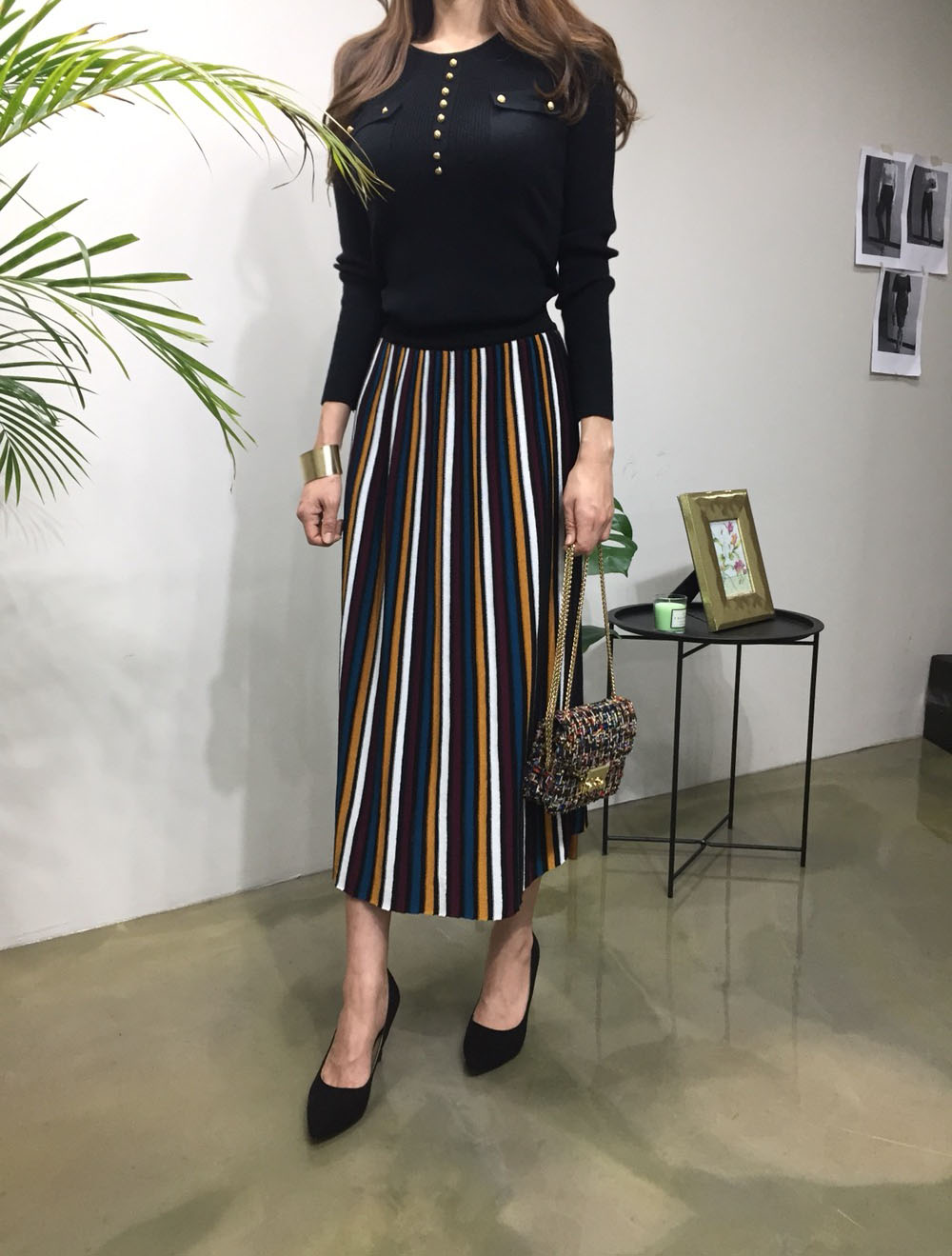 Wrinkled Bending Knit Long Skirt Romantic Look Lux