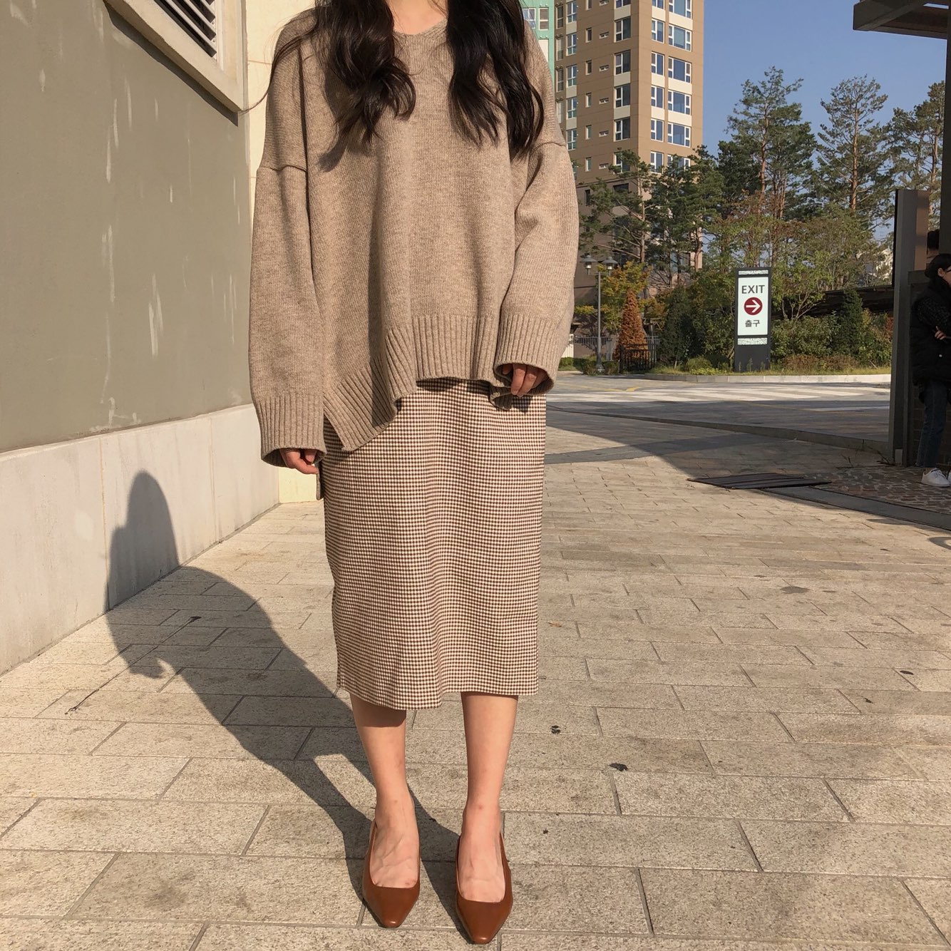 Check skirt long skirt Midi H line Autumn woman Ho