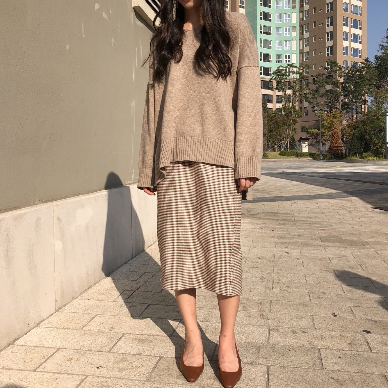 Check skirt long skirt Midi H line Autumn woman Ho