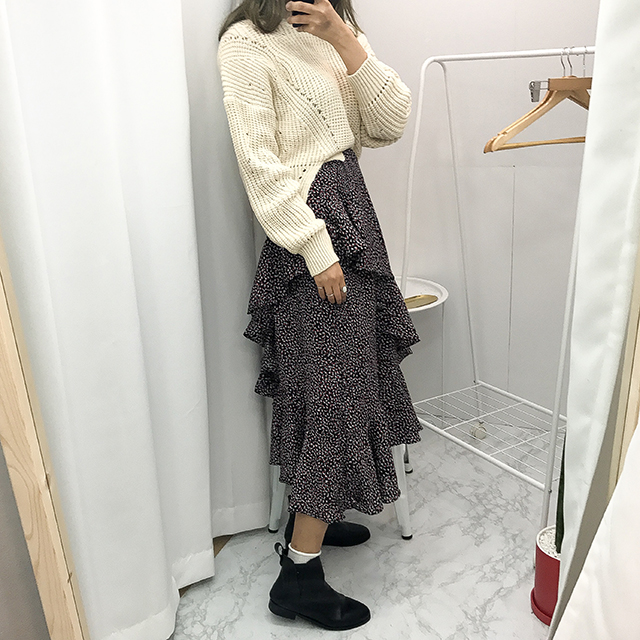 Ruffle pattern chiffon bending long skirt black fa